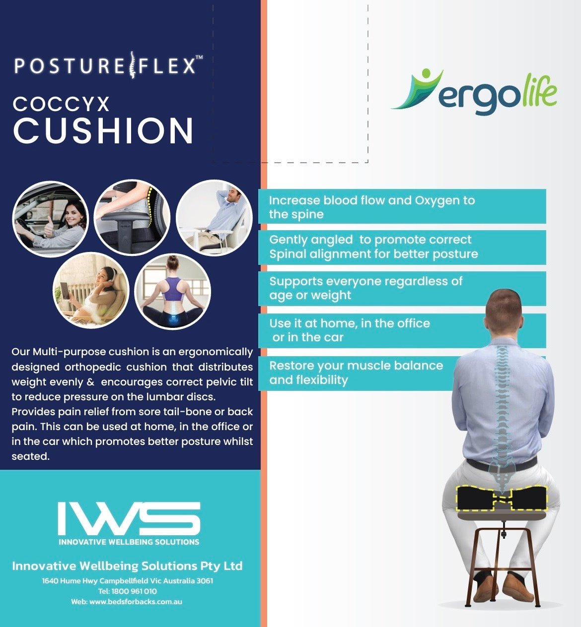 Ergolife Posture Flex Latex Coccyx Cushion - Beds for Backs
