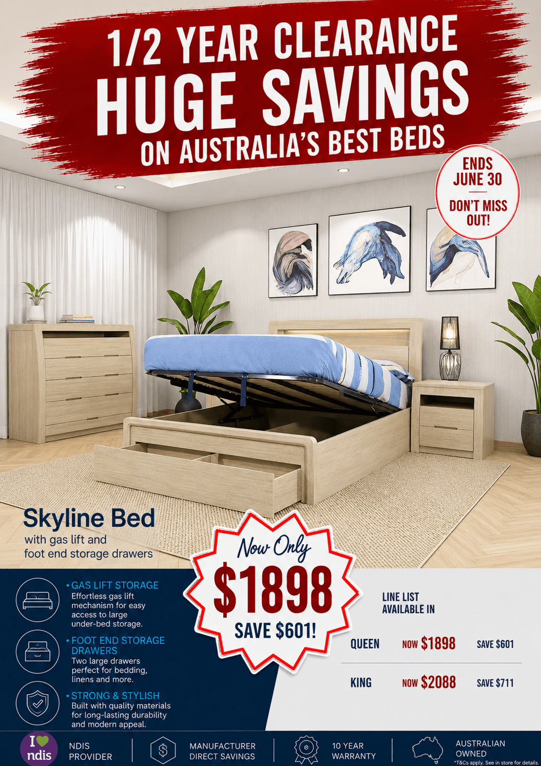 Skyline Bed Frame, Gas Lift & End Drawer - Sand - Beds for Backs