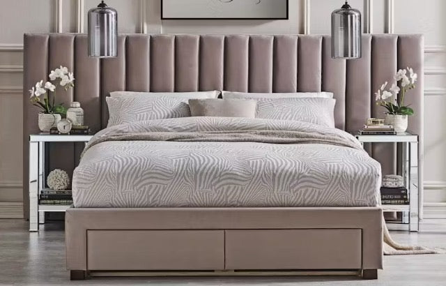 Melina Queen or King Fabric Bedhead and base  2x Footend Drawer, available in Grey or Beige