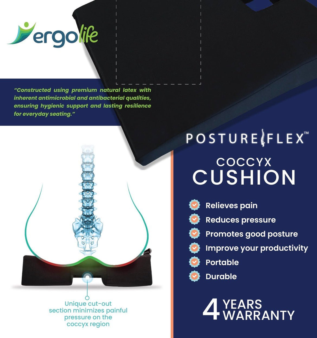 Ergolife Posture Flex Latex Coccyx Cushion - Beds for Backs