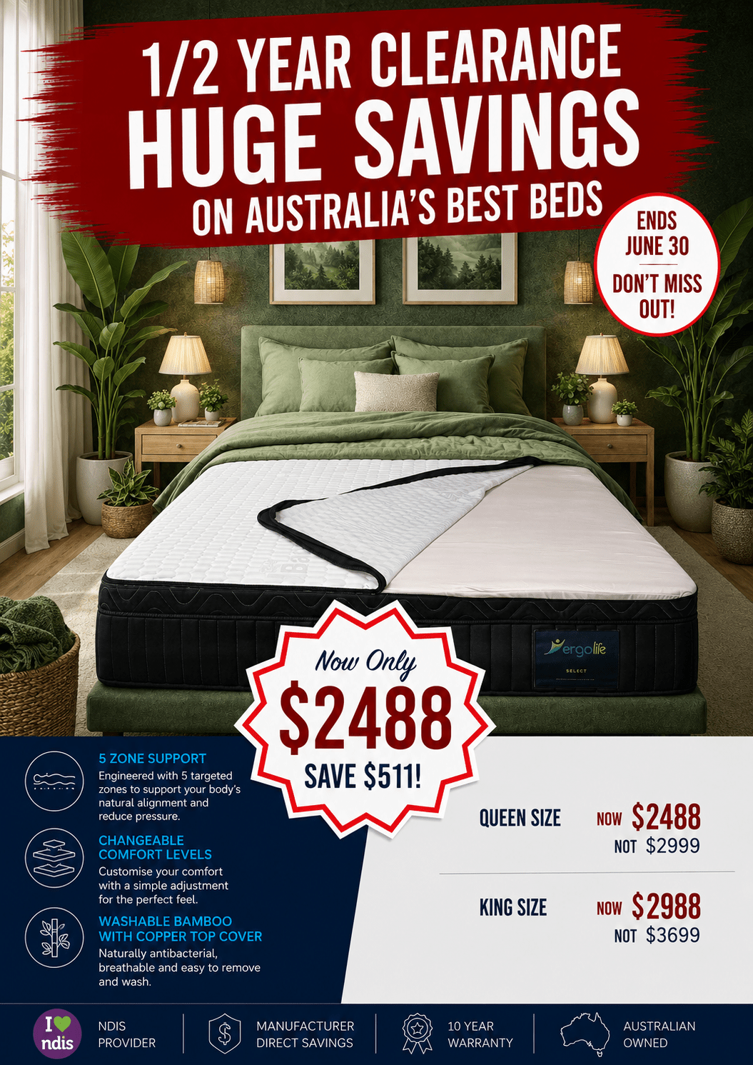 Ergolife Select 5 Zone, Changeable comfort levels; washable Bamboo with Copper Top cover - Beds for Backs