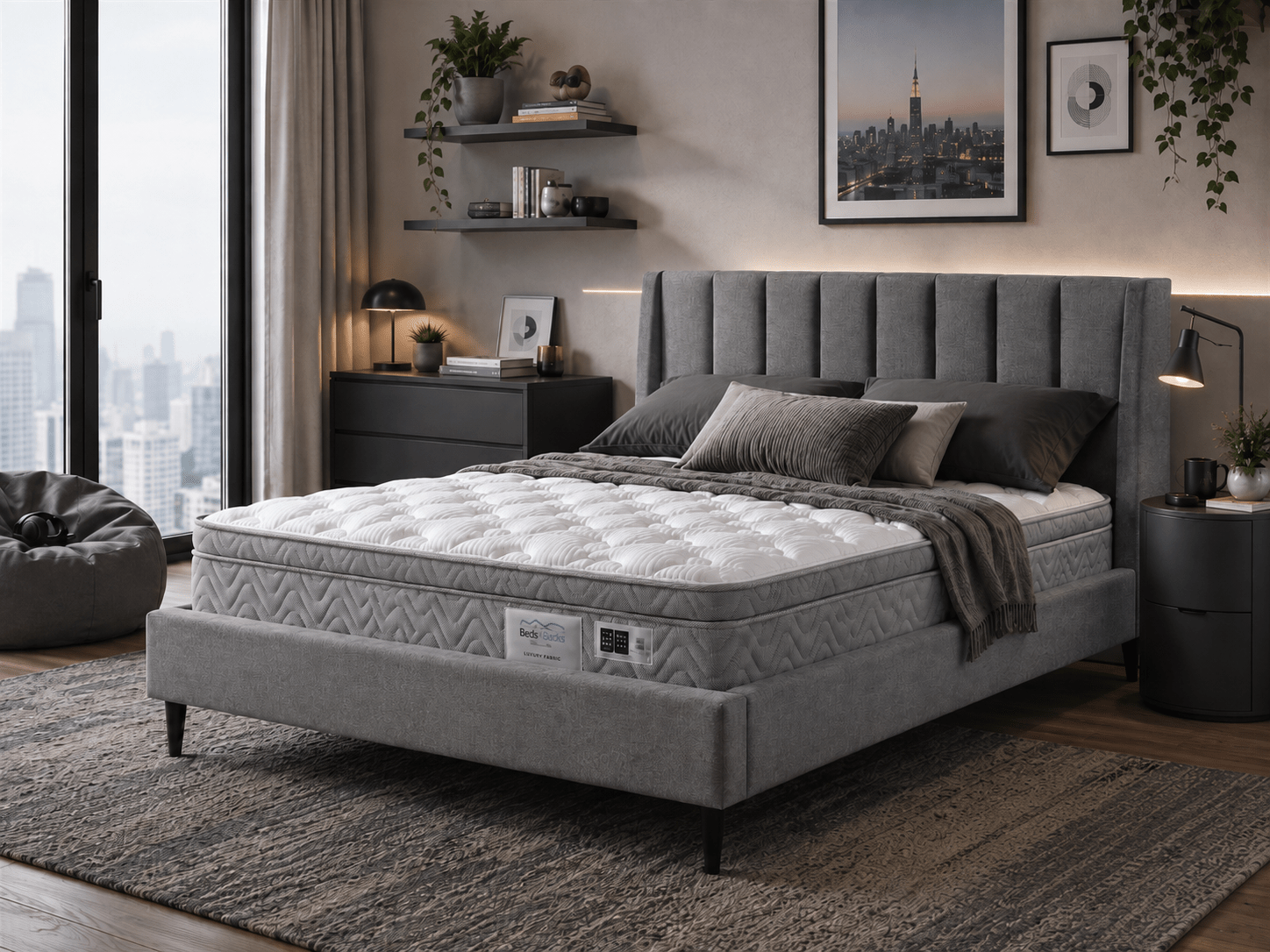 Lisa Queen Bed - Grey Fabric - Beds for Backs