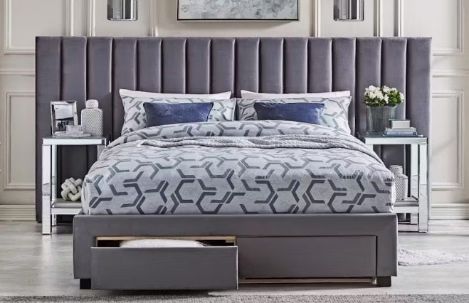 Melina Queen or King Fabric Bedhead and base 2x Footend Drawer, available in Grey or Beige - Beds for Backs
