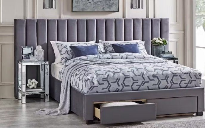 Melina Queen or King Fabric Bedhead and base 2x Footend Drawer, available in Grey or Beige - Beds for Backs