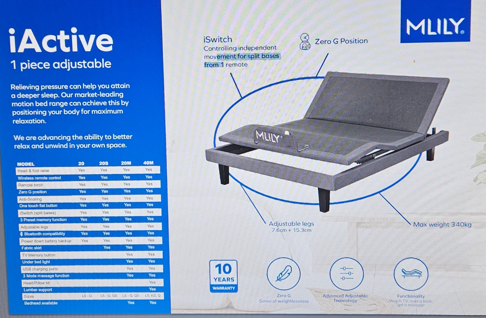 MLily Electric Bed - iActive 40M Lumbar - i40 - Beds for Backs