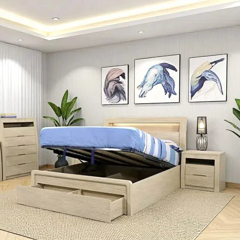 Skyline Bed Frame, Gas Lift &amp; End Drawer - Sand - Beds for Backs