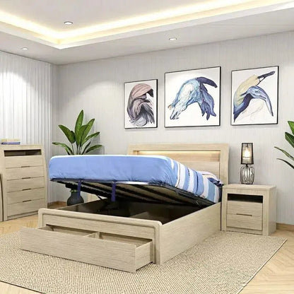Skyline Bed Frame, Gas Lift &amp; End Drawer - Sand - Beds for Backs