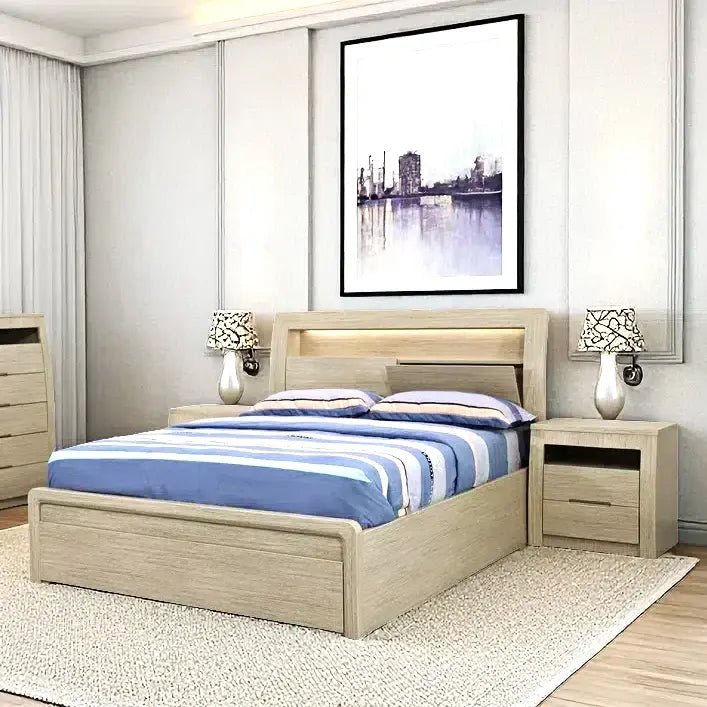 Skyline Bed Frame, Gas Lift &amp; End Drawer - Sand - Beds for Backs
